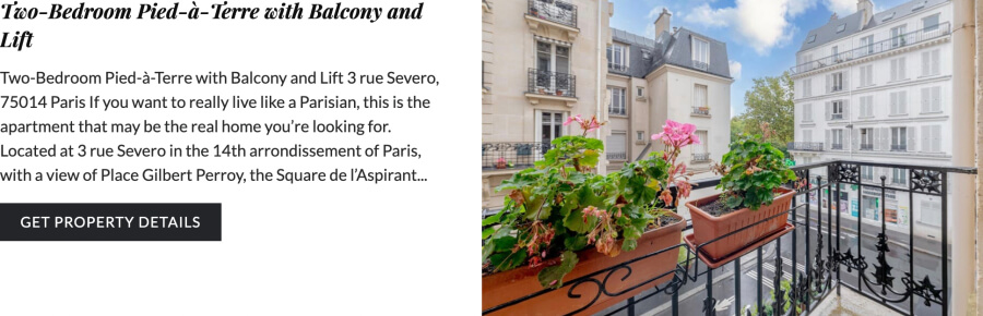 Adrian Leeds Group's posting for the two bedroom apartment with a balcony and lift for sale in Paris, France