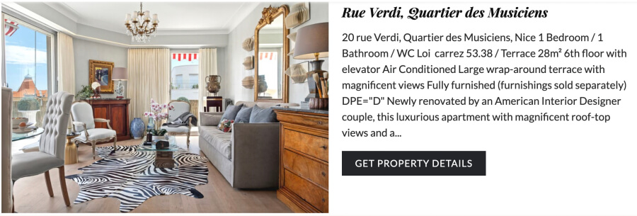 Adrian Leeds Group's posting for the rue Verdi apartment for sale in Nice, France