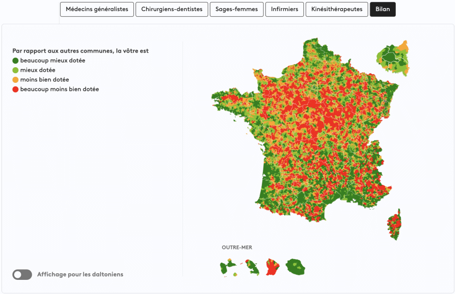 Map of France providing an overview of medical accessibility 