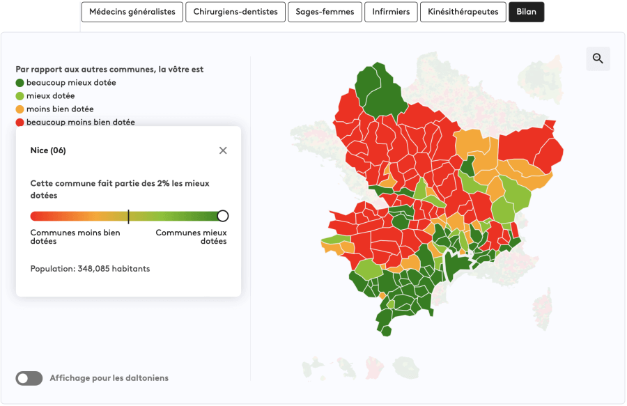 Map of Nice with an overview of medical accessibility 