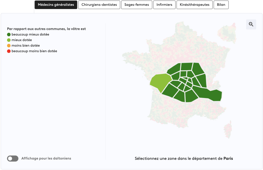 Paris map showing the concentration of General Practioners by arrondissement