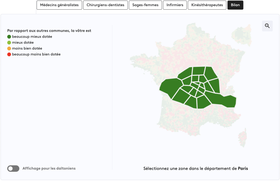 Map of Paris showing an overview of medical accessibility by arrondissement