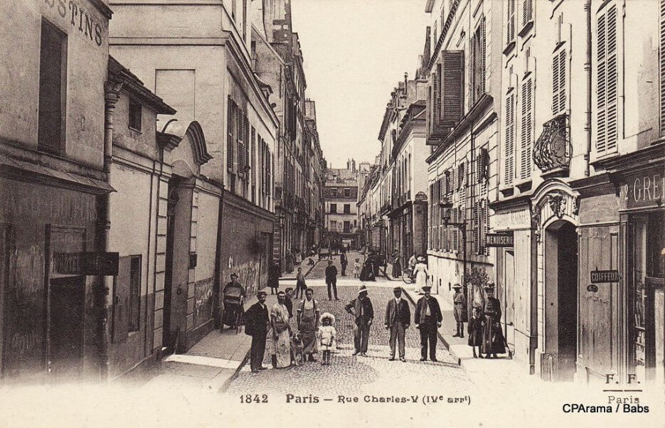 A print of rue Charles V in Paris from 1842