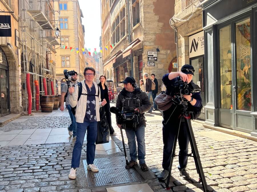 Adrian Leeds and contributor filming for House Hunters International in Lyon, France 