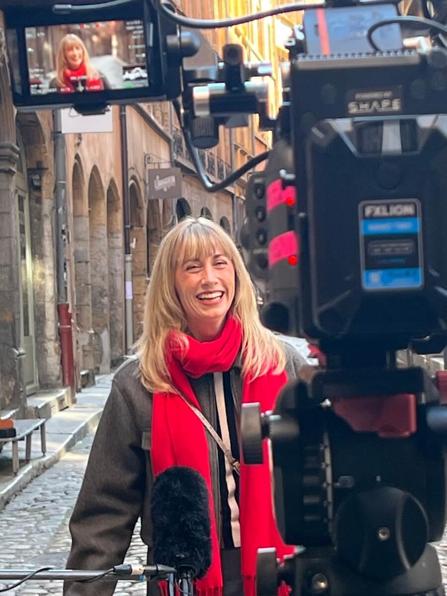 Adrian Leeds and contributor filming for House Hunters International in Lyon, France 
