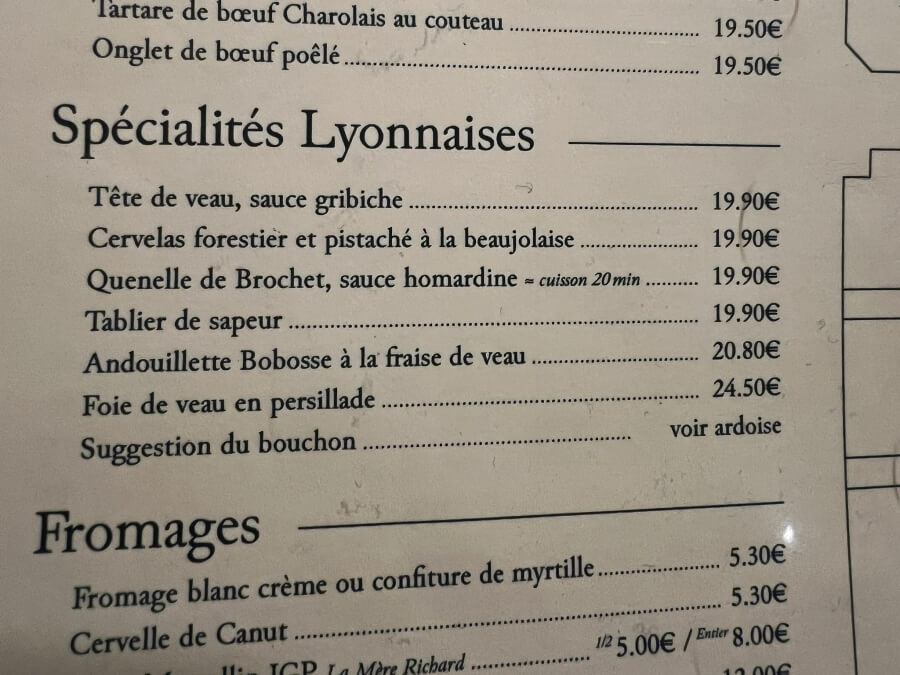 Menu of Lyonnais specialties