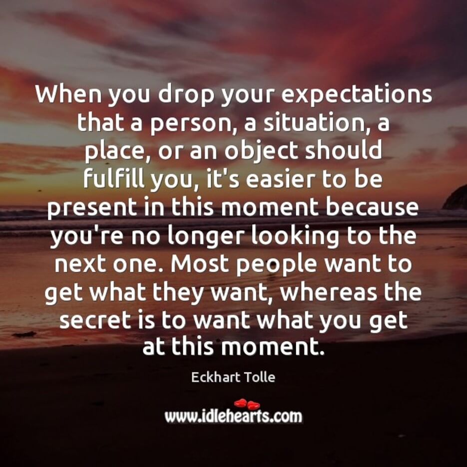 Meme with a quote by Ekart Tolle about expectations