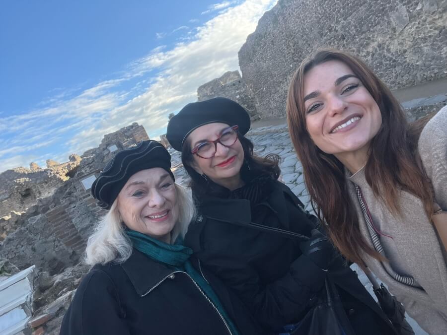 Marcia, Adrian Leeds, and tour guide Mariam at Pompeii