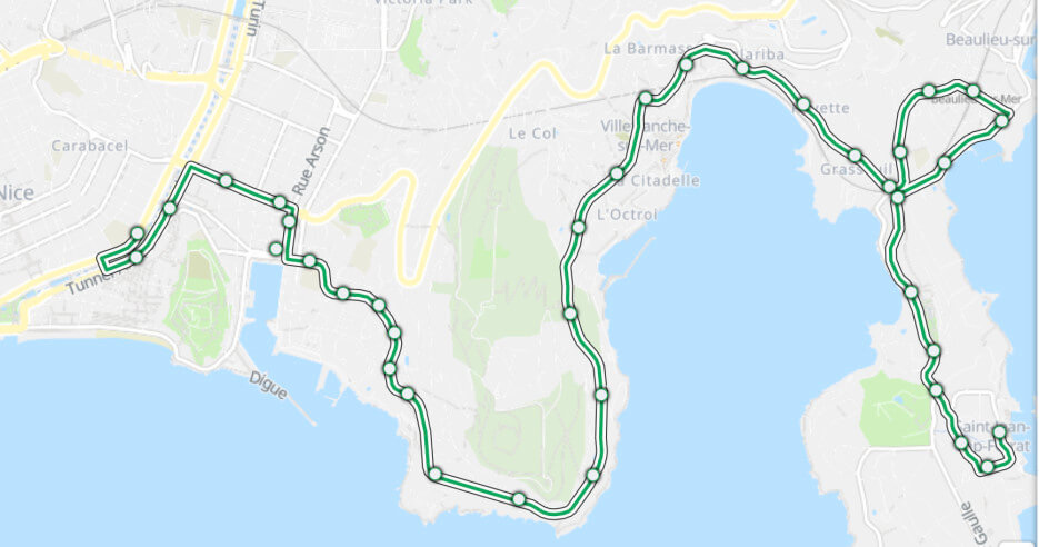 Map showing the #15 bus route from Nice to Saint-Jean-Cap-Ferrat