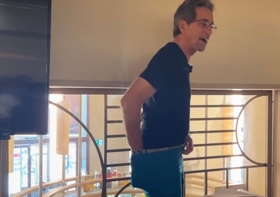 Dave Wollert demonstrating French underwear at Apres-Midi in Nice, France