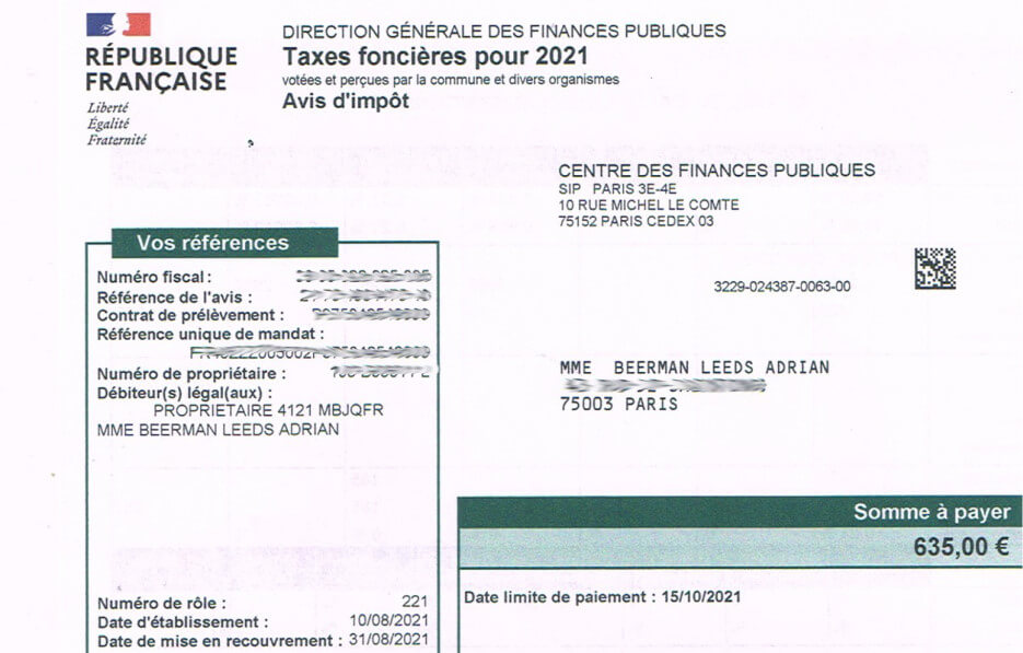 Statement/taxbill for a French Taxe Foncière
