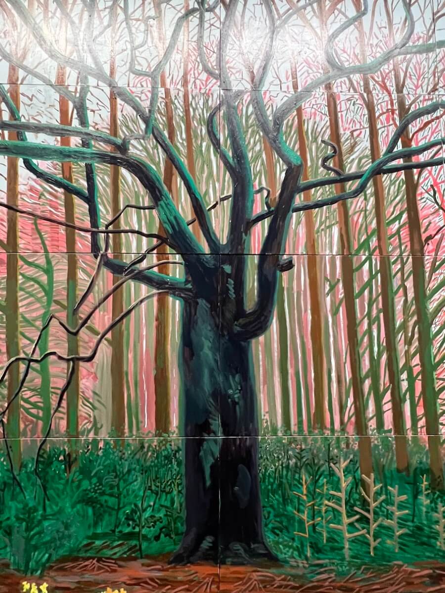 Closeup of Hockney's Bigger Trees Near Water on exhibit in Paris