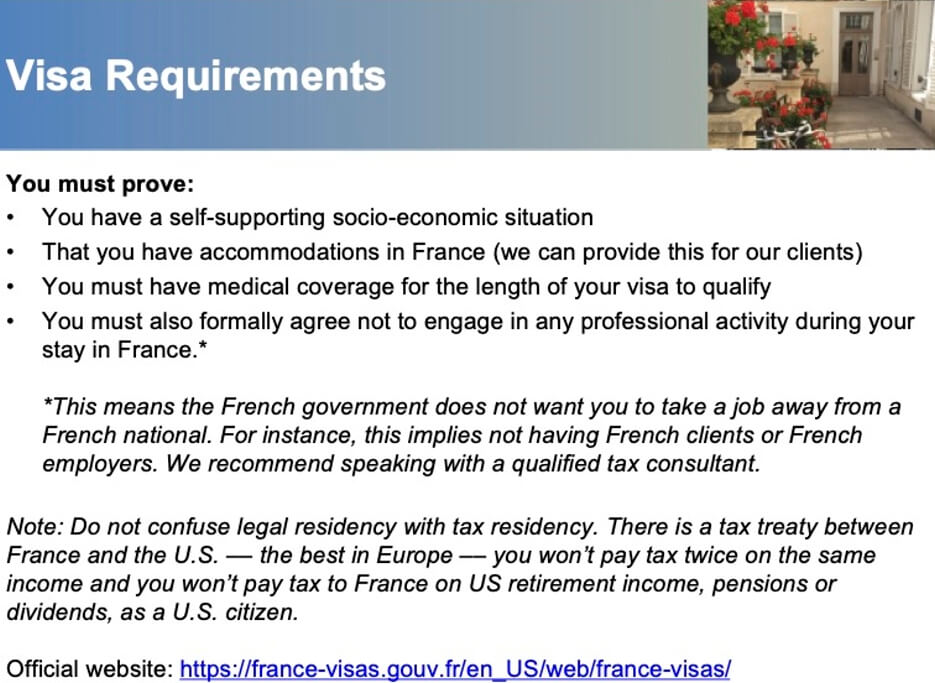 Slide from Adrian Leeds' conference presentation on French visa requirements