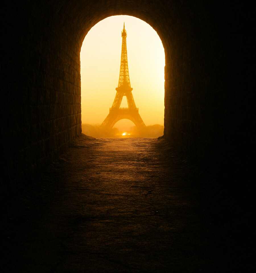 The Eiffel Tower in the light at the end of the tunnel