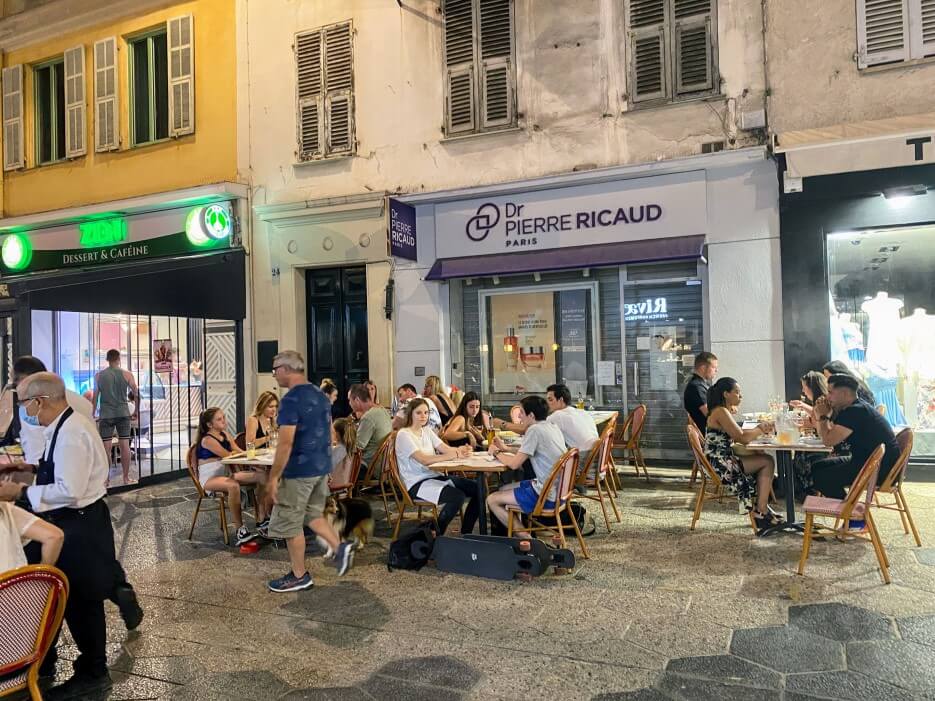 Al Fresco dining in front of Adrian's apartment building in Nice, Summer 2020