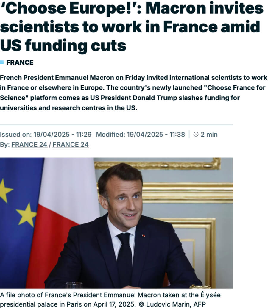 Headline and photo for French President, Macron's Choose Europe for Science on France 24
