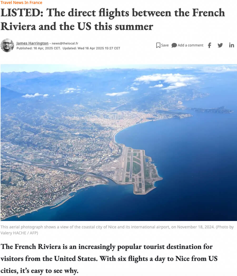 Headline and photo for The Local's article on direct flight between the US and Nice, France