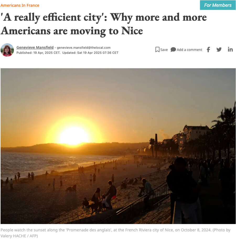 Headline and photo for The Local's article on why Americans choose Nice, France