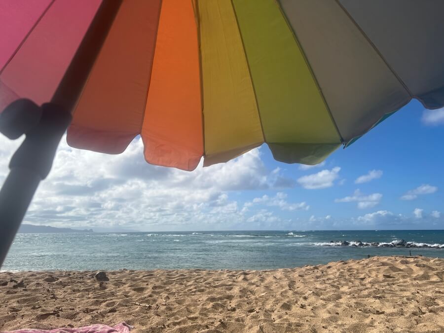 View of Baldwin Beach in Maui, under a rainbow umbrella