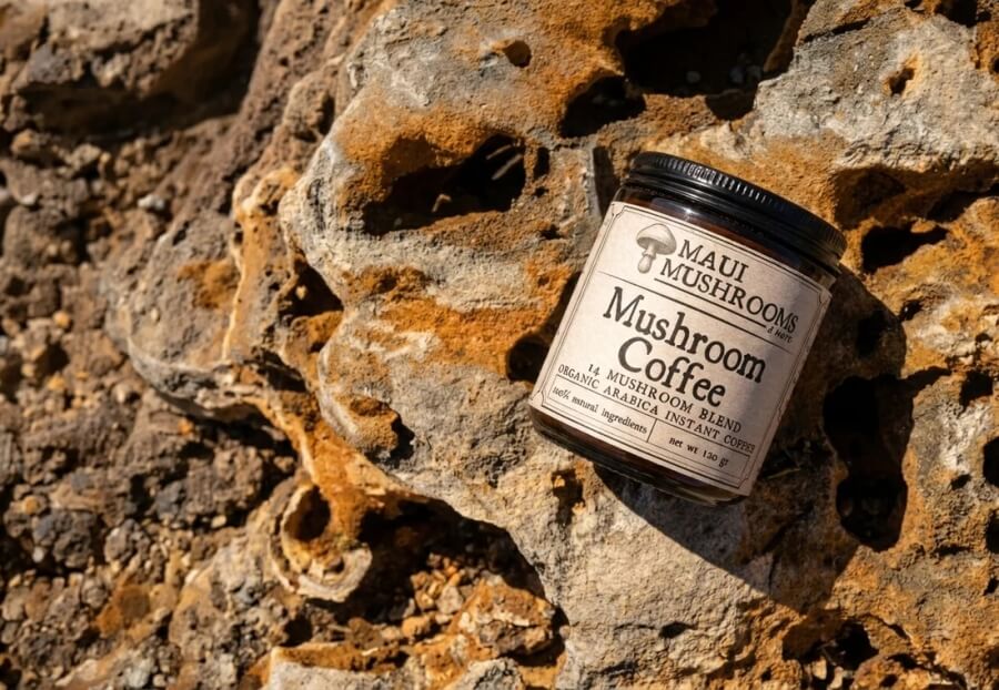 Mushroom instant coffee sold at The Farmers Market on Maui