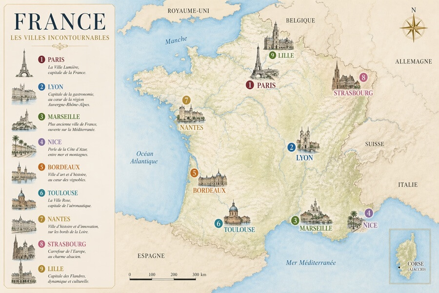 Graphic map pinpointing key villages and cities in France