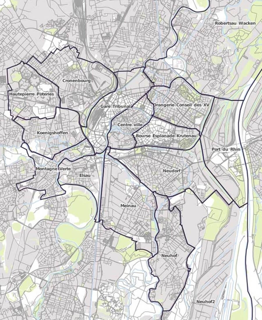 Map of the quartiers in Strasbourg, France