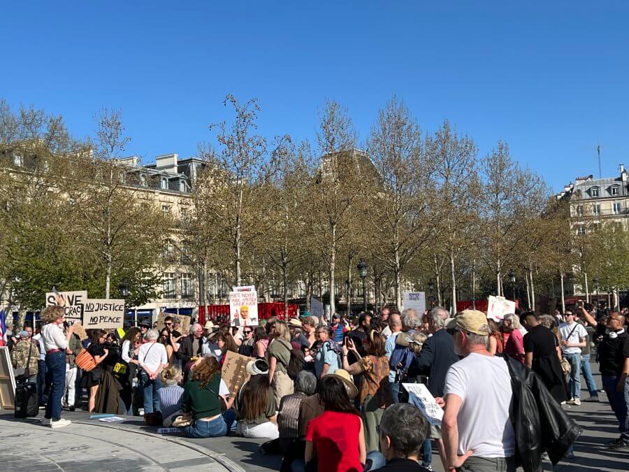 The Hands Off protest crowd at Place de la République in Paris