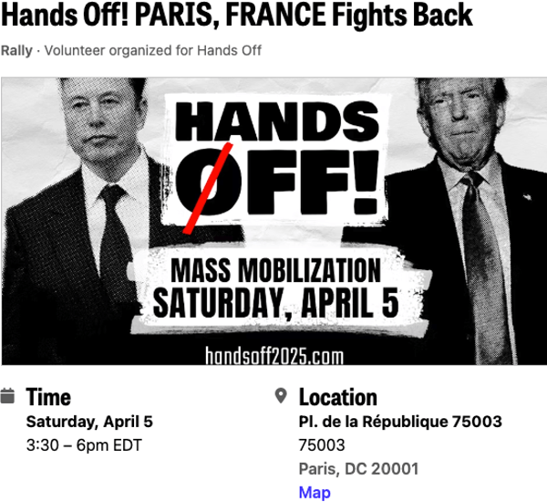 The organization's poster for the Hands Off protest in Paris, France