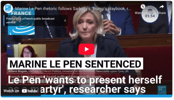Screenshot from France 24's coverage of the sentencing of Marine Le Pen in France