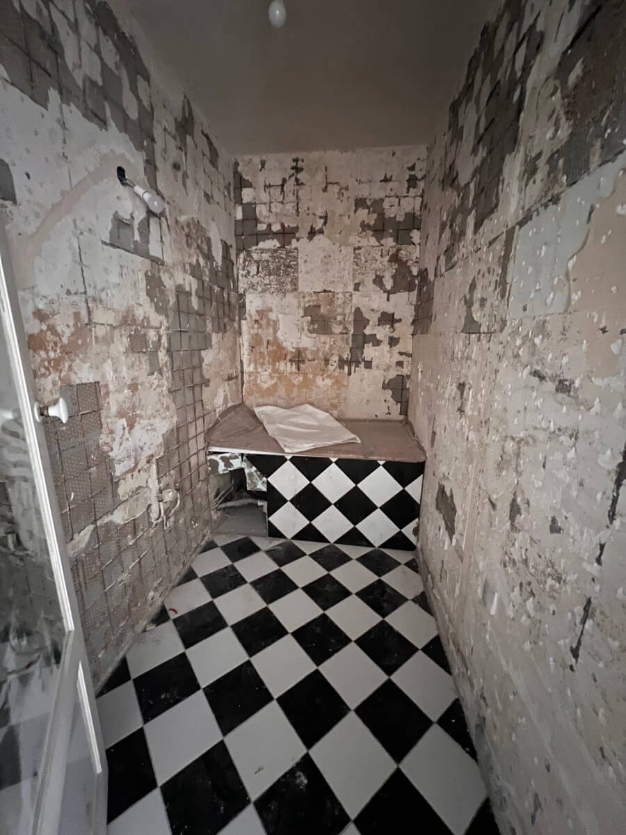The destroyed bathroom in Adrian Leeds' rue Saintonge apartment in Paris