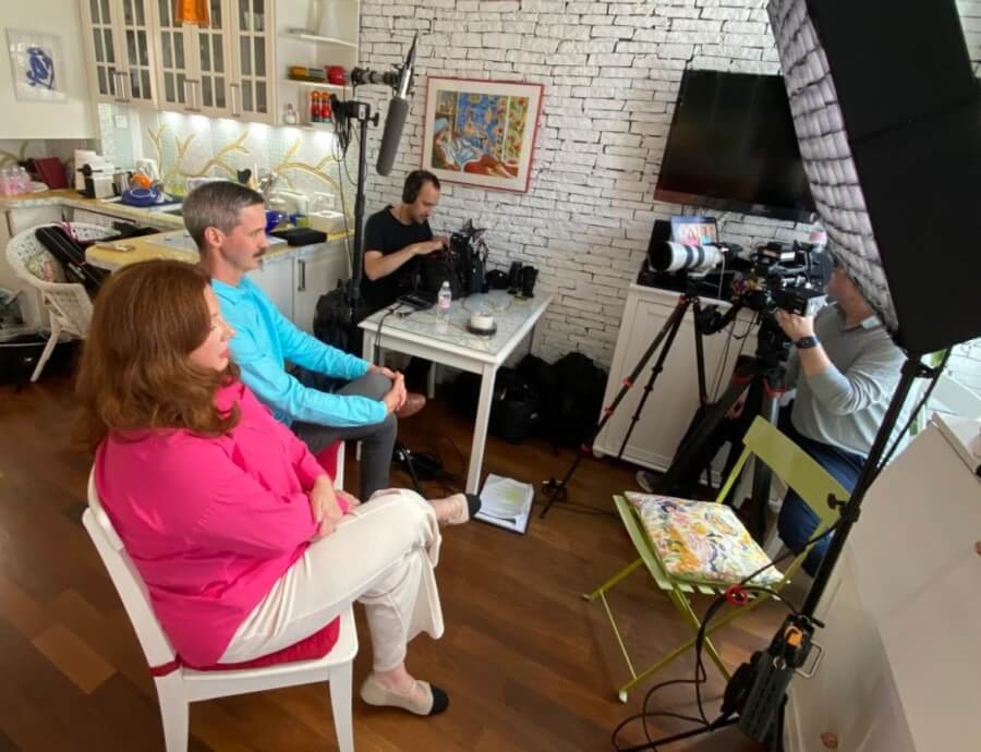 Jacob and Carla Radford filming their "interview scene" for House Hunters International in Adrian Leeds' apartment in Nice, France