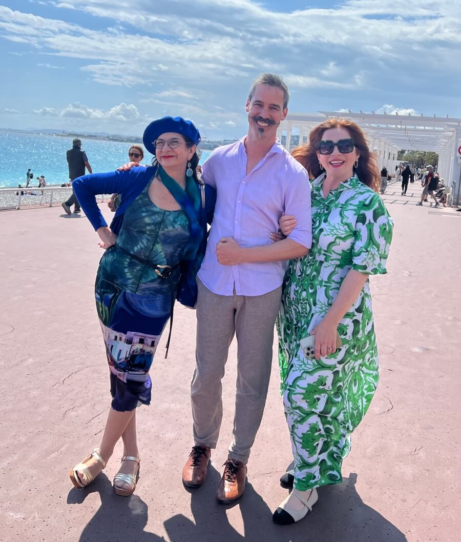 Adrian Leeds and Jacob and Carla Radford filming for House Hunters International on the Promenade des Anglais in Nice, France