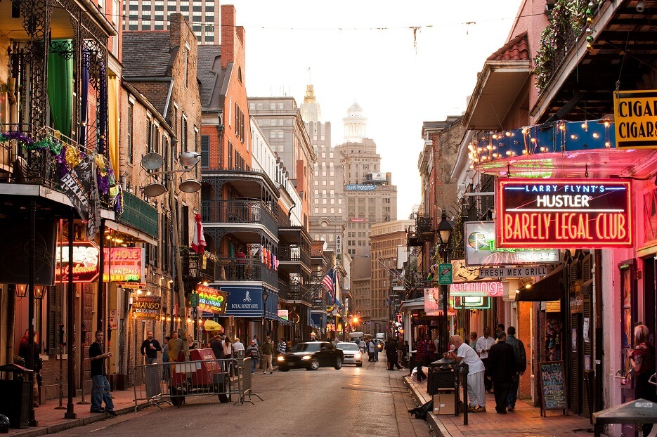 Looking down Bourbon Street, French Quarter in New Orleans