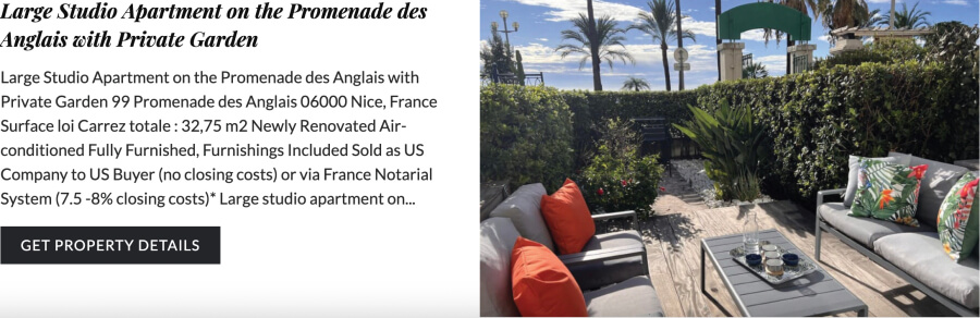 Promotional meme for the studio apartment on the Promenade des Anglais for sale in Nice, France
