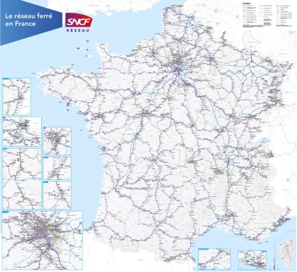 Map of France showing the rail lines throughout the country