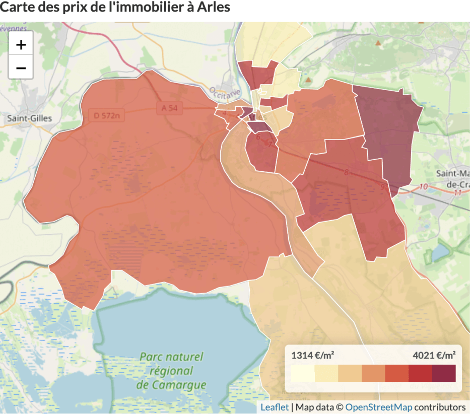 Map of Arles showing the range of property prices
