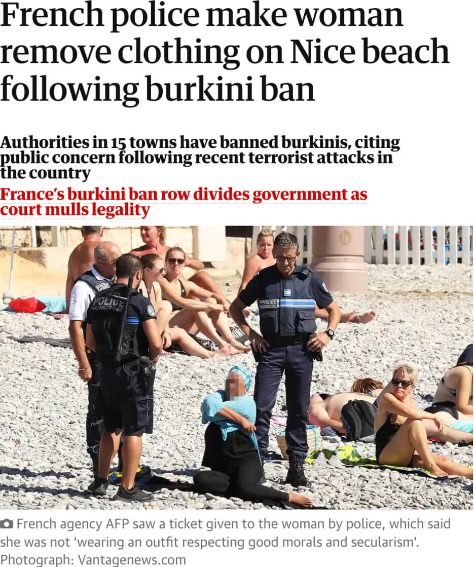 Cover photo for article on french police encoutering burkini wearers on the beach