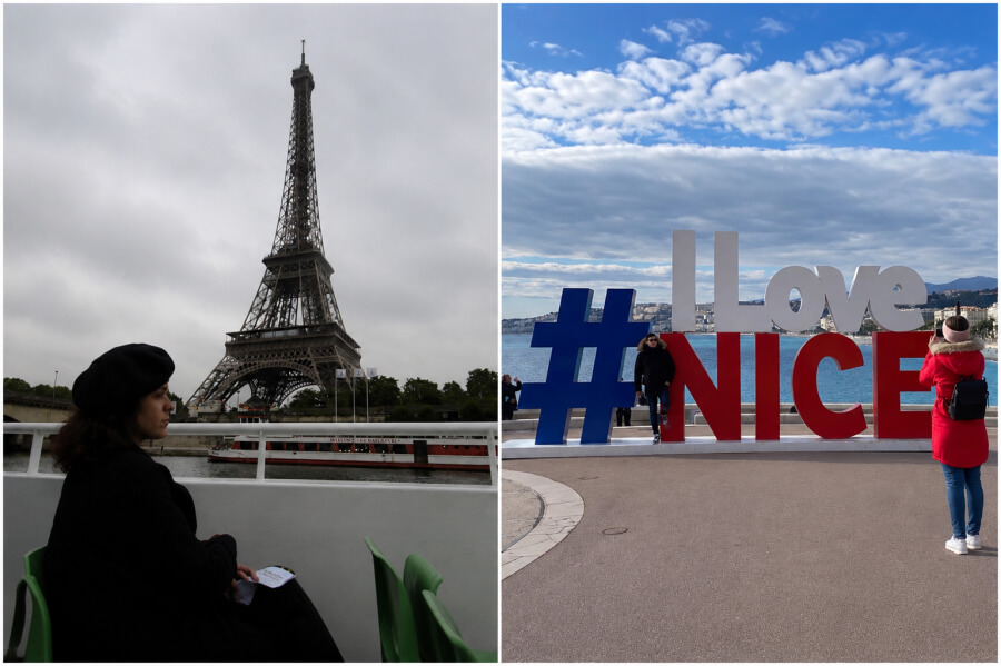 Side by side photos of the Eiffel Tower in Paris and the I Love Nice sing in Nice, France