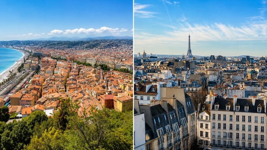 Side by side photos of cityscapes of Nice and Paris, France