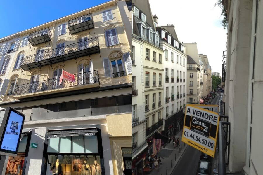 Side by side photos of for sale signs on apartment buildings in Paris and Nice, France