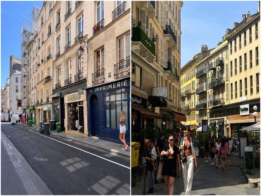 Side by side photos of rue de Saintonge in Paris and rue Masséna in Nice, France