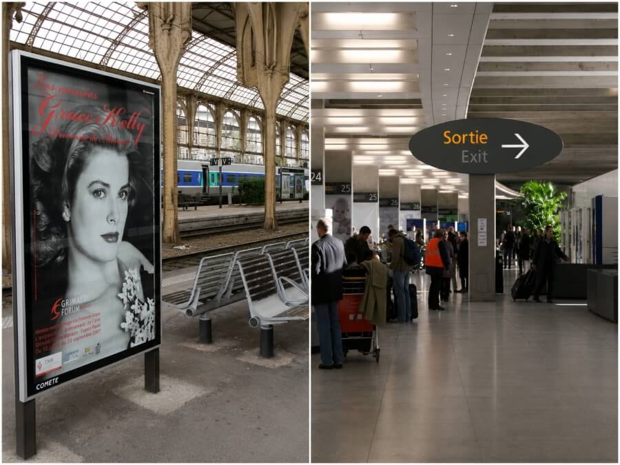 Side by side photos of a train station and an airport