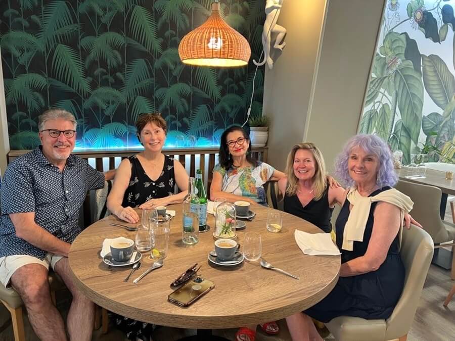 Peter and Lillith, Adrian, Jennifer, and Clista Fischer dining at Le Cascarbar
