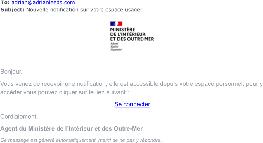 Copy of the email from the French Ministry to Adrian Leeds