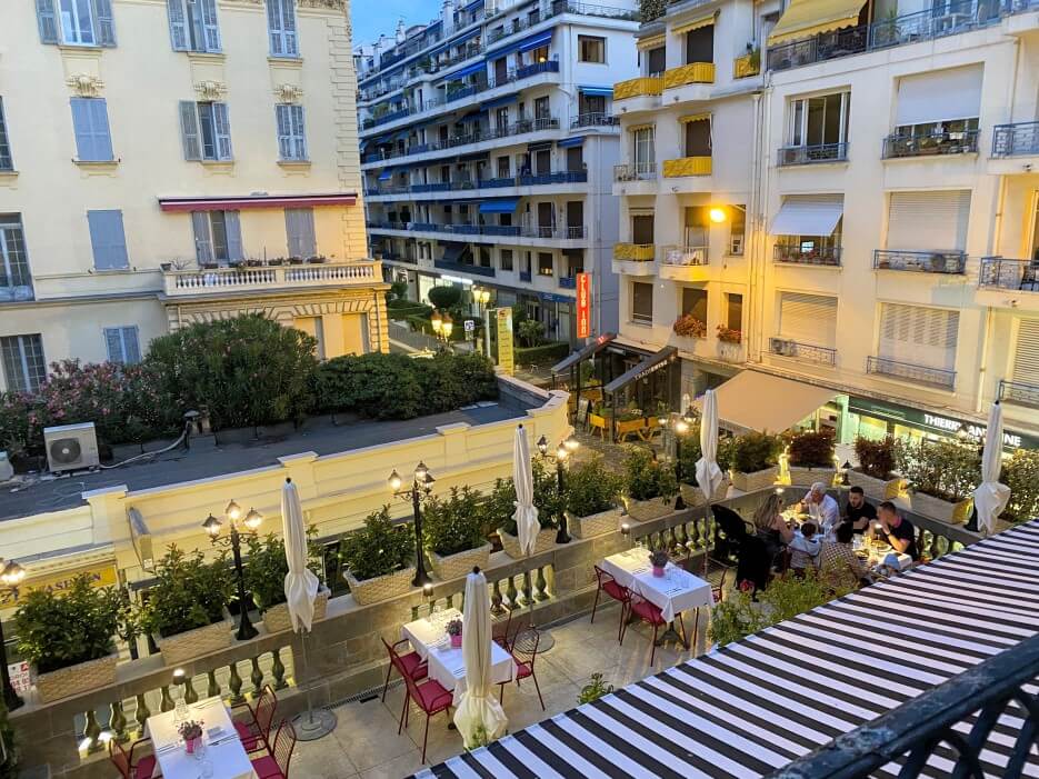 The terrace of the Grande Café de France as seen from the apartment