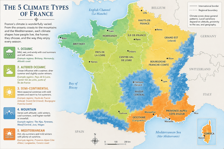 Map of France showing the various climates by region