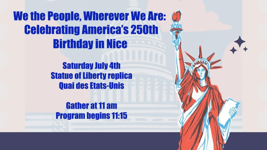 Poster/meme for the Democrats Abroad 4th of July celebration in Nice, France