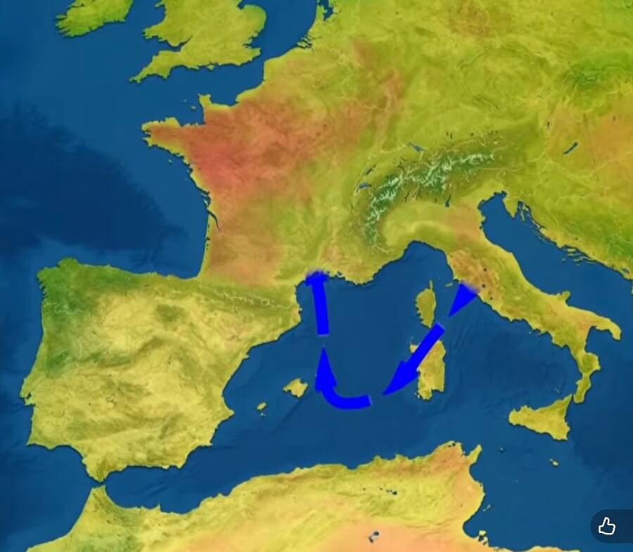 Map showing the cooler temperatures along the French Riviera