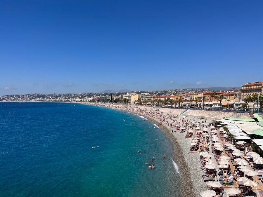 Aerial view of the coastline and beaches in Nice, France