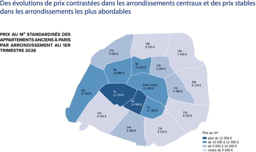 Map of Paris arrondissements prices per sq meter
